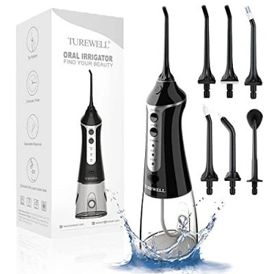 Afbeelding van TUREWELL FC1591 monddouche, elektrische interdentale reiniger met 3 modi en 5 sproeiers, IPX7 waterdicht, 300 ml, draadloze draagbare oplaadbare waterflosser voor familie reizen