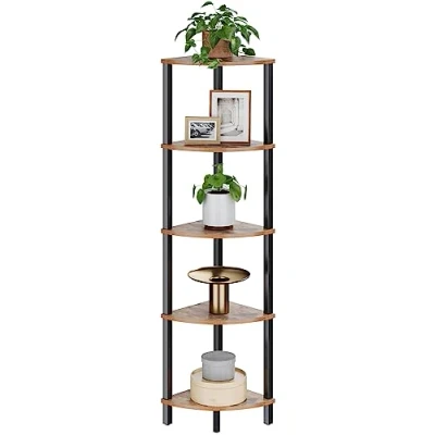 Afbeelding van VASIHO Hoekplank, staand rek, boekenkast met 5 niveaus, ladderrek, opbergrek, plantenrek voor keuken, woonkamer, industrieel design, vintage bruin zwart JSJ001H