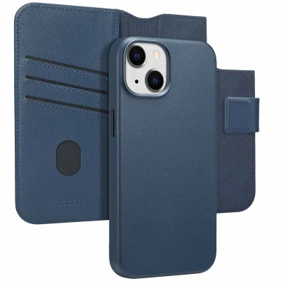 Afbeelding van Apple iPhone 14 MagSafe Hoesje Echt leder Accezz Bookcase/2 in 1 Case Donkerblauw Telefoonhoesje