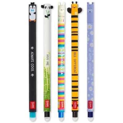Afbeelding van LEGAMI Set van 5 uitwisbare gelpennen met thermogevoelige wisinkt, reeks inktkleuren en vatontwerpen, 0,7 mm tip, pinguïn, panda, lama, bijen nijlpaard