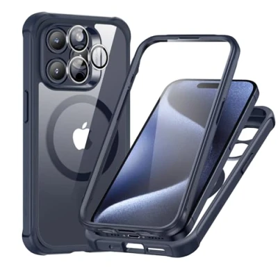 Afbeelding van ESR Hoesje voor iPhone 15 Pro Max, 1 set individuele lensbeschermers, compatibel met MagSafe telefoonhoes, volledige dekking militaire bescherming, krasbestendig, pantserserie, helder donkerblauw
