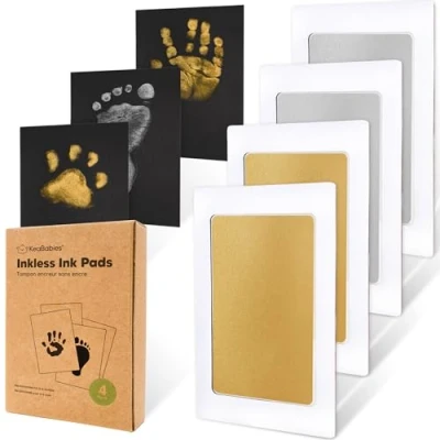 Afbeelding van Set van 4 inktloze hand en voetafdrukset inktkussen voor babyhand voetafdrukken hondenpootprintkit, hondenneusprintkit babyvoetafdrukset, Clean Touch handafdrukset (goud