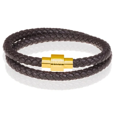 Afbeelding van Memphis leren wrap armband Donkerbruin Goudkleurig 19cm