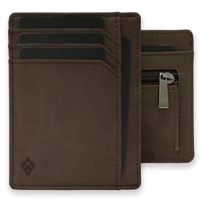 Afbeelding van AKIELO RFID Blokkerende Creditcardhouder met Ritssluiting Muntzakje en Geschenkdoos Slanke Portemonnees voor Heren Minimalistische Kaart Portemonnee (BRAVO Donkere Mokka Rits Editie)
