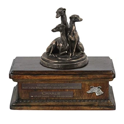 Afbeelding van Art Dog Custom Sitting Statue Memorial Urn Handgemaakt koud gegoten brons op berkenhouten voet 8,3x11,4x8,7 5l Whippets
