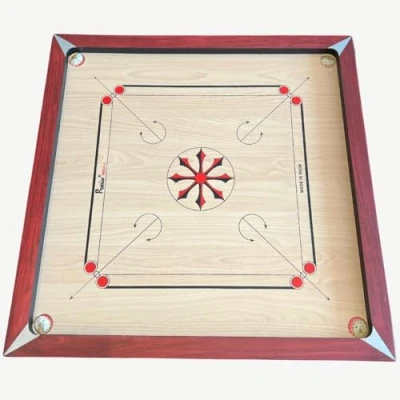 Afbeelding van carrom board, India houten professioneel 1 met 9 mm speelbord harde terugslagranden, compleet striker en stenen, karrom board