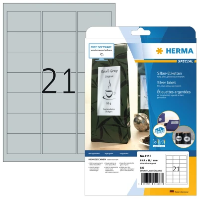 Afbeelding van Herma Zilverkleurige folie etiketten, A4, 63,5 x 38,1 mm, glanzend, we