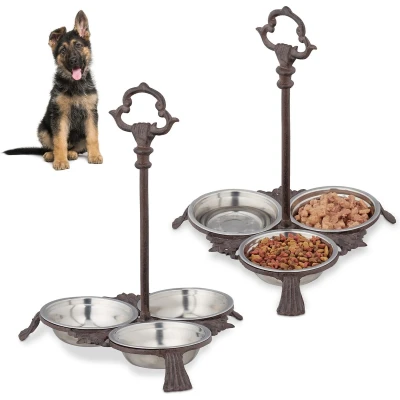 Afbeelding van Relaxdays 2x voerbak hond met standaard gietijzer hondenvoerbak 3 eetbakjes van rvs