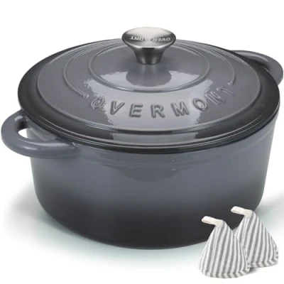 Afbeelding van Overmont Stoofpan van geëmailleerd gietijzer, antiaanbaklaag, Nederlandse oven met deksel, Ø 24 cm, rond, geschikt voor fornuizen en inductiekookplaten, grijs