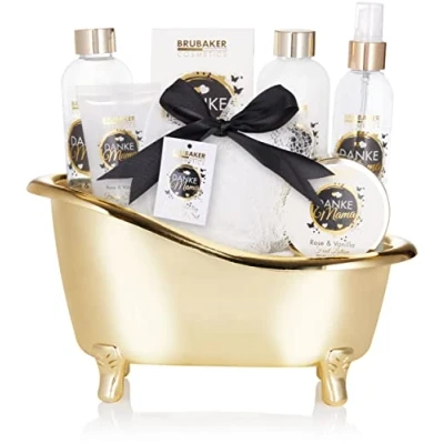 Afbeelding van BRUBAKER Cosmetics Danke Mama (Dank u Mama) Cadeautip vrouw 8 delige Luxe Bad en Doucheset met Roos Vanille Geur Cadeauset in Decoratieve Kuip Badset Cadeau voor Moeder Goud Wit
