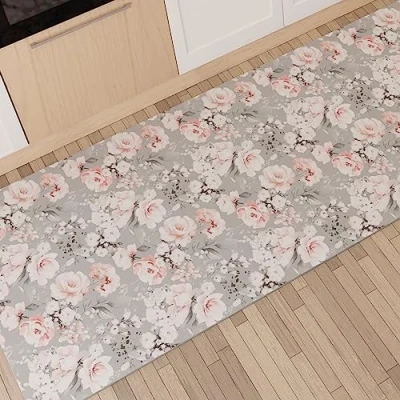Afbeelding van PETTI Artigiani Italiani Keukentapijt, loper, keukenloper, antislip en wasbaar, 52 x 380 cm, bloemenpatroon 17, grijs, 100% Made in Italy