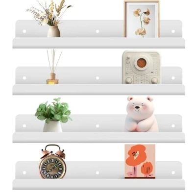 Afbeelding van Gucass 4 stuks wandplanken, wit, zonder boren, zwevende planken, 30 cm, acryl wandrek, kleefrek, wandplank voor keuken, badkamer, kantoor, werkkamer, woonkamerdecoratie