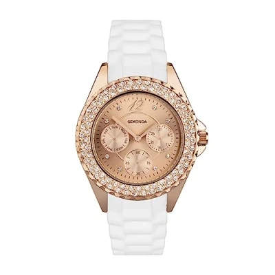 Afbeelding van Sekonda 37mm Womens Classic Quartz Horloge Rose Gold Dial Witte Siliconen Band Dag Datum Display 30m Waterbestendig Mineraal Glas 2 Jaar Garantie, Roségoud, riem