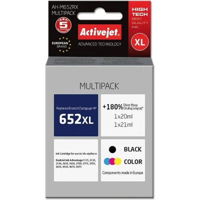 Afbeelding van Activejet AH M652RX inkt (vervanging HP 652 F6V25AE/F6V24AE; Premium; 1 x 20 ml, 21 ml; zwart...
