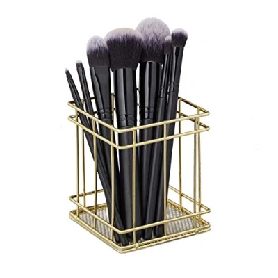 Afbeelding van Relaxdays make up kwasten houder metaal pennenhouder bureau vierkant pennenbakje goud