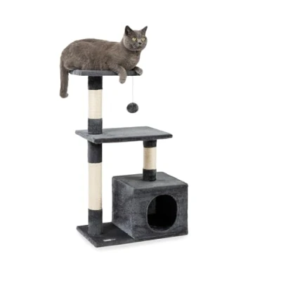 Afbeelding van lionto krabpaal voor katten met hol en pluche bal incl. belletje, hoogte 85 cm, kattenboom pluche, comfortabele ligplaats, kleine &amp; grote katten, donkergrijs