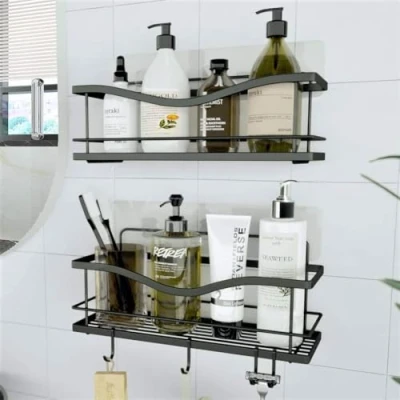 Afbeelding van KINCMAX Doucherek, 2 stuks, badkamermand zonder boren, wandrek, zwart, voor douche en badkuip, met haken accessoires