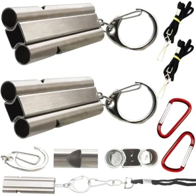 Afbeelding van CTRICALVER Zilver 2 stuks nood survivalfluitje veiligheidsfluitjes voor dubbele buizen overlevingsfluitje met koord en sleutelring, noodfluitafweer, 120 dB extreem luid