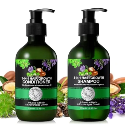 Afbeelding van 3 in 1 shampoo en conditionerset 10,56 x 2 fl oz van zwarte ricinus lavendel arganolie voor haargroei, sulfaatvrij, tegen haaruitval mannen vrouwen (#1)