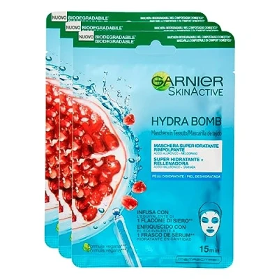 Afbeelding van 3 x Garnier SkinActive Hydra Bomb gezichtsmasker van stof, zeer hydraterend en opbouwend, met granaatappel hyaluronzuur
