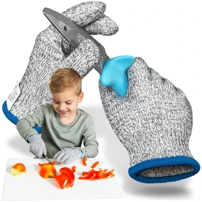 Afbeelding van LauterSchutz® voor kinderen: 1 paar PREMIUM snijbeschermende handschoenen gemaakt van PE weefsel zeer comfortabel en rekbaar materiaal niveau 5 snijbescherming [Duitse fabrikant] (Maat L (6 11 jaar))