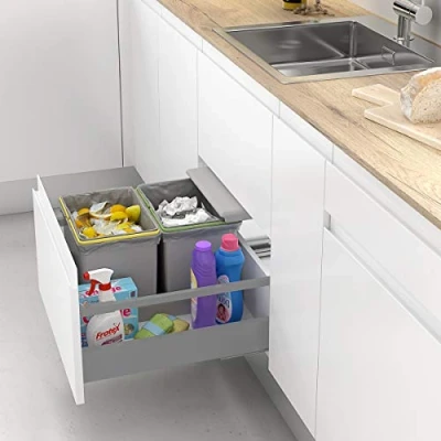 Afbeelding van Vuilnisbak en recyclingcontainer met automatisch deksel voor keukenlade, 16 l + l, grijs