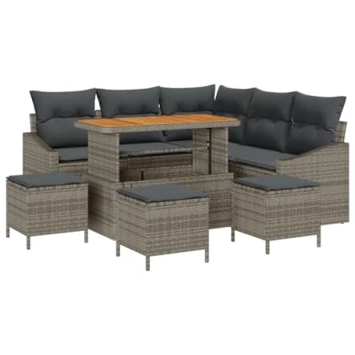 Afbeelding van vidaXL 9 Delige Tuin Sofa Set met Kussens Grijs Poly Rattan Acacia, 2 Zits Rattan, 4 Eetset Acacia