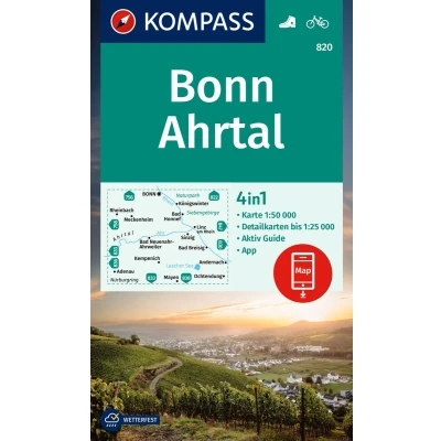 Afbeelding van KOMPASS Wanderkarte 820 Bonn, Ahrtal 1:50.000: 4in1 mit Aktiv Guide und 1:25000 Karten, inklusive Kartenbereich zur offline Verwendung in der App.