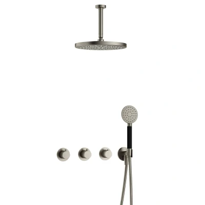 Afbeelding van Hotbath Cobber Regendoucheset IBS70 Geborsteld Nikkel Ronde handdouche 30cm Hoofddouche 15cm Plafondbuis Handouche met wandhouder