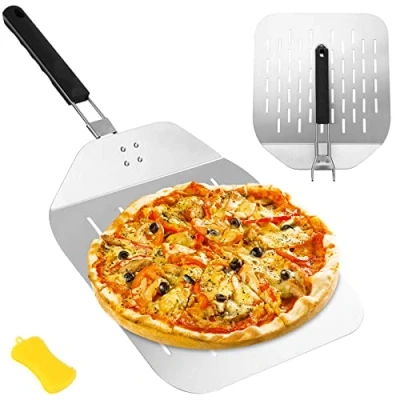 Afbeelding van Zawaer Pizzaschep, kort, geperforeerd, professioneel roestvrij staal, ondersteuning van een groot oppervlak, met inklapbare handgreep voor oven en grill het bakken brood, stabieler