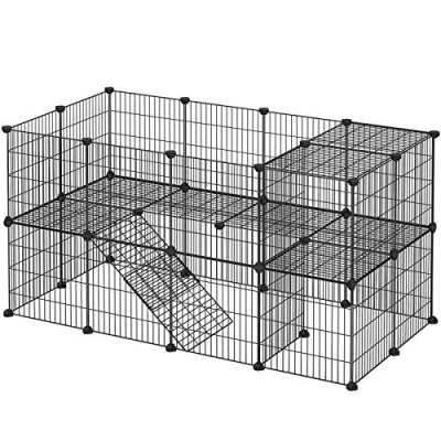 Afbeelding van SONGMICS kooi, 36 platen, 2 niveaus, 143 x 71 73 cm, box voor kleine dieren en cavia&#039;s, incl. rubberen hamer, binnen, verstelbaar, individueel te monteren, zwarte LPI02H