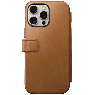 Afbeelding van Nomad Hoesje Geschikt voor Apple iPhone 16 Pro Max Modern Leather Folio Compatibel met MagSafe en Draadloos Opladen Book Case Pasjeshouder Echt Leer Lichtbruin