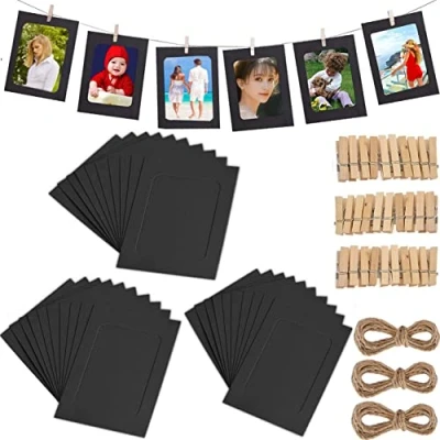 Afbeelding van Fashion HW 30 stuks doe het zelf papieren fotolijsten 4x6 fotolijst met houten clips en touwtje opknoping kartonnen 10x15 cm set voor thuis wanddecoratie (zwart)