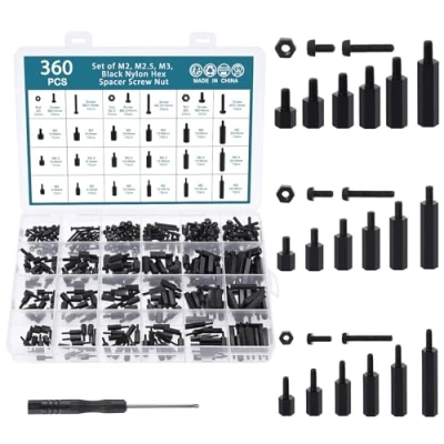 Afbeelding van HSeaMall 360 stuks M2 M2,5 M3 nylon zwart hexagonale afstandbus schroef moer stand off accessoires assortiment kit mannelijk naar vrouwelijk