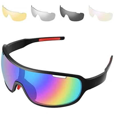 Afbeelding van SAWUTPV Fietsbril Heren Dames MTB Sportbril met 5 Verwisselbare Lenzen UV400 Gepolariseerde Zonnebril (ZWART)