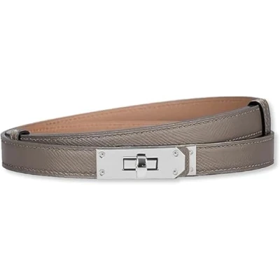 Afbeelding van Baizhong Vrouwen Skinny Lederen Riem Klassieke Effen Kleur Met Legering Turn Lock, Verstelbaar, Slanke Dunne Taille, (Grijs Bruin/Zilver), Eén Maat