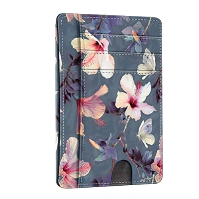 Afbeelding van Fintie Platte portemonnee, kaartetui, premium kunstleer, RFID blocker, slim creditcardhouder met ID venster en vak voor snelle toegang, heren dames, Z bloeiende hibiscus,