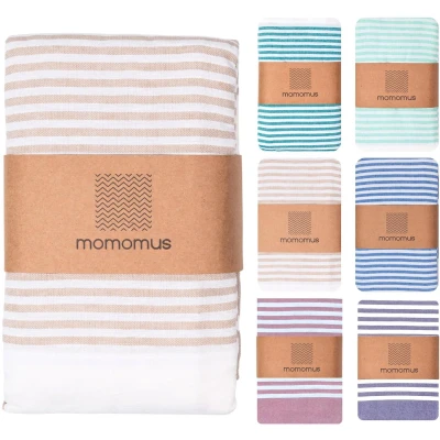 Afbeelding van MOMOMUS Strandlaken Fouta XXL of picknickdeken voor het strand, gestreepte deken met franjes, grote strandhanddoek picknickdeken, beige, 210 x 240 cm