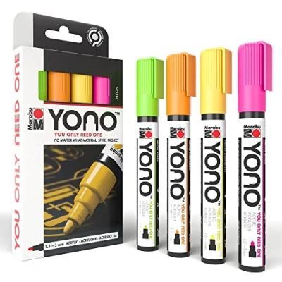 Afbeelding van Marabu YONO 1240000004000 Marker Set Neon met 4 kleuren, veelzijdige acrylstiften Japanse ronde punt 1,5 3 mm, op waterbasis, lichtecht en waterbestendig, voor bijna alle ondergronden
