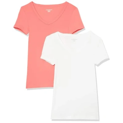 Afbeelding van Amazon Essentials Women&#039;s T shirt met korte mouwen en V hals in slanke pasvorm, Pack of 2, Felroze/Wit, M