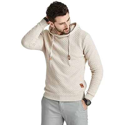 Afbeelding van Genfien Heren casual lange mouwen trechter hals geruite jacquard trui dikke gebreide sport pullover capuchon sweatshirt, Kaki, M