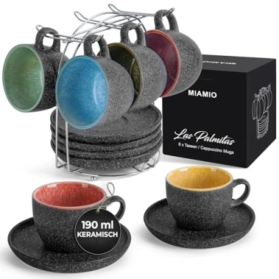 Afbeelding van MIAMIO 190 ml keramische stapelbare cappuccino kopje met schoteltjes en metalen voet Set van 6 aardewerken mokken voor speciale koffiedranken, americano, latte Las Palmitas collectie