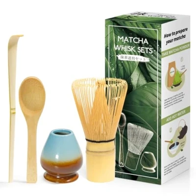 Afbeelding van 4 delige matcha set Japanse ceremonies, natuurlijke bamboe garde, lepel, schep, gardehouder, voor theeceremonie, drank koffieblauw kleurverloop