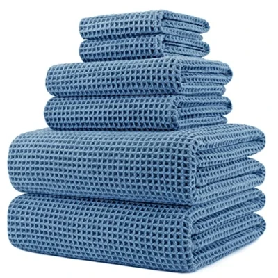 Afbeelding van POLYTE Microvezel oversized, 76 x 152 cm, sneldrogende pluisvrije badhanddoekenset, 6 delig (blauw, wafelweefsel)