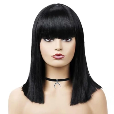 Afbeelding van SKHAOVS Zwarte pruik, natuurlijke rechte pruiken met hoge dichtheid, dames, carnaval, elegant, retro, jaren 70, 80, cosplay, anime kostuum, feestpruik voor Halloween, kostuumfeest, carnaval (zwart)