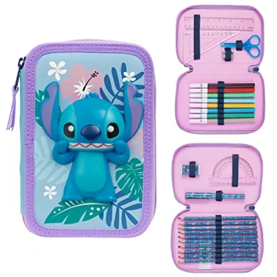 Afbeelding van Disney Stitch etui met briefpapier voor meisjes bevroren gevulde schoolbenodigdheden kleurpotloden gekleurde markers steek geschenken meisjes, dubbele rits, Eén maat, Grote
