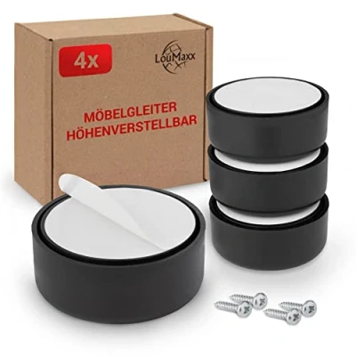 Afbeelding van LouMaxx Meubelpoten, in hoogte verstelbaar, poten voor meubels, Ø 53,5 mm, van kunststof, hoogwaardige meubelverhoging, lijmen of schroeven, glijpoten, zwart, incl. montagemateriaal