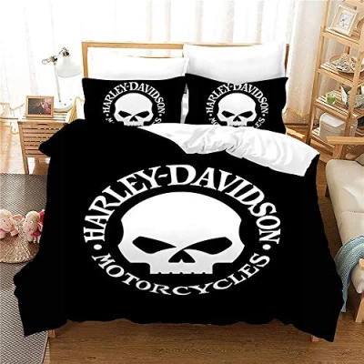 Afbeelding van NICHIYO Harley Davidson Beddengoedset, dekbedovertrek en kussensloop, microvezel, 3D digitale print, driedelige set (dekbedovertrek + kussenslopen) (14, tweepersoonsbed 200 x cm)