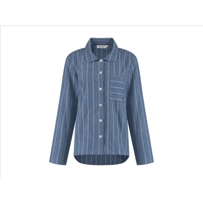 Afbeelding van Yumeko pyjamashirt dames velvet flanel denim blauw/wit stripe xl
