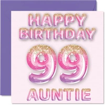 Afbeelding van 99e verjaardagskaart voor tante roze en paarse glitterballonnen gelukkige verjaardagskaarten 99 jarige van neef nichtje, 145 mm x cadeau